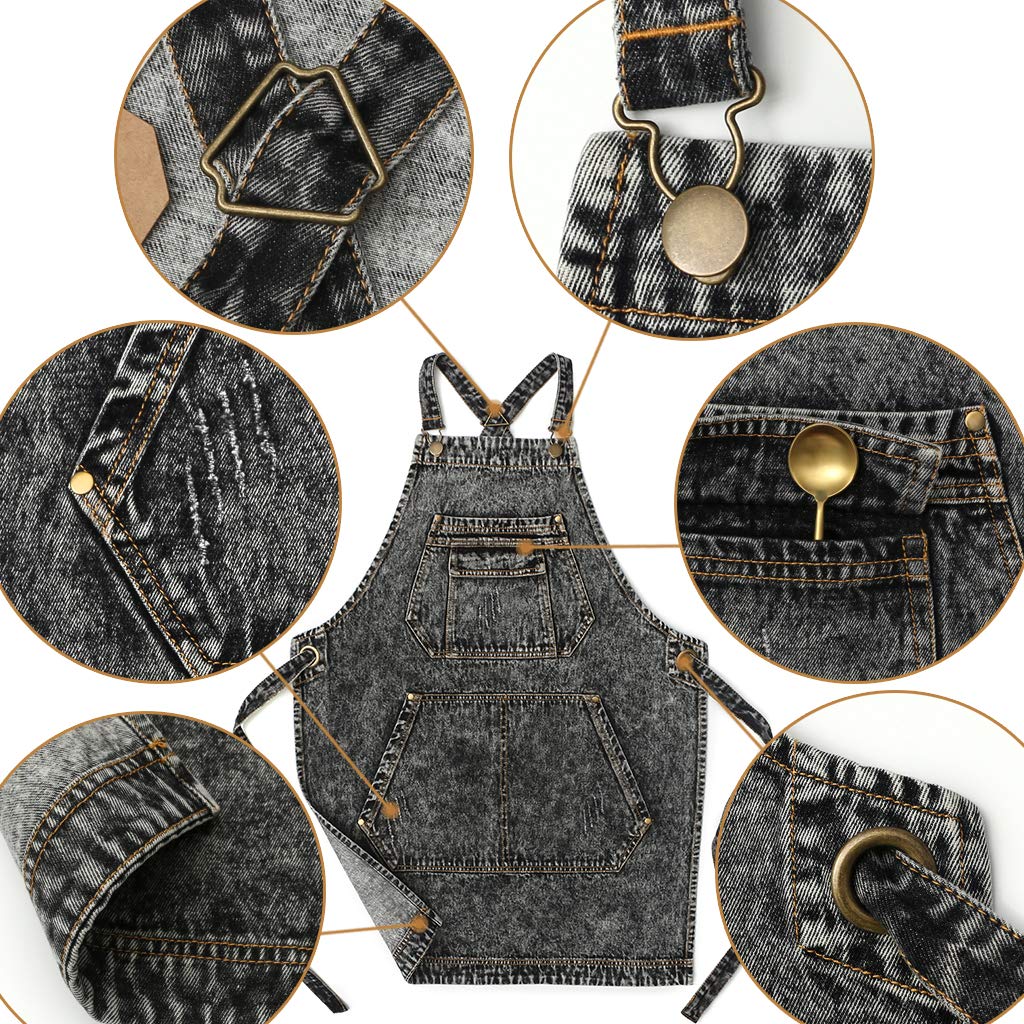 Jeanerlor - Denim Apron with Pockets for Hair Stylist Gardening Craftsmen Barista Women Hairdresser