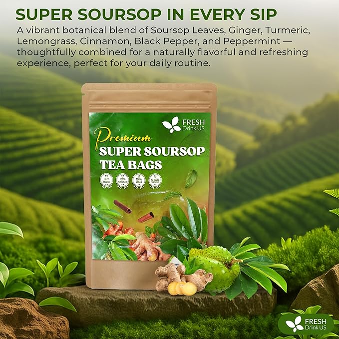 FreshDrinkUS, Super Soursop Herbal Tea ??40 Tea Bags | Soursop, Ginger, Turmeric, Lemongrass, Cinnamon, Black Pepper & Peppermint | Caffeine-Free, Natural Flavor, Plant-Based Blend | Sugar-Free