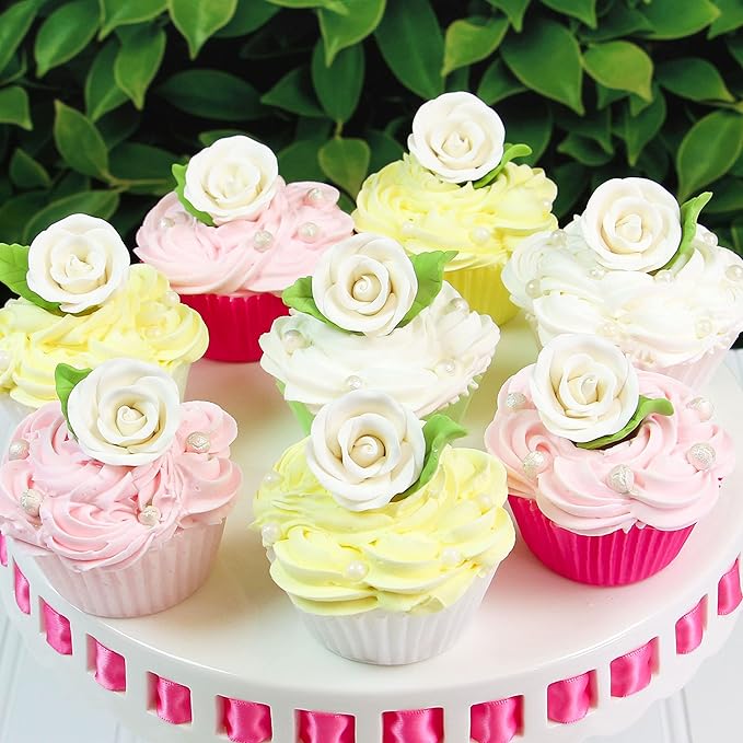 Global Sugar Art Premium Wedding & Party Edible Rose Cake & Cupcake Sugar Flowers, White, 24 Count with Leaves by Chef Alan Tetreault