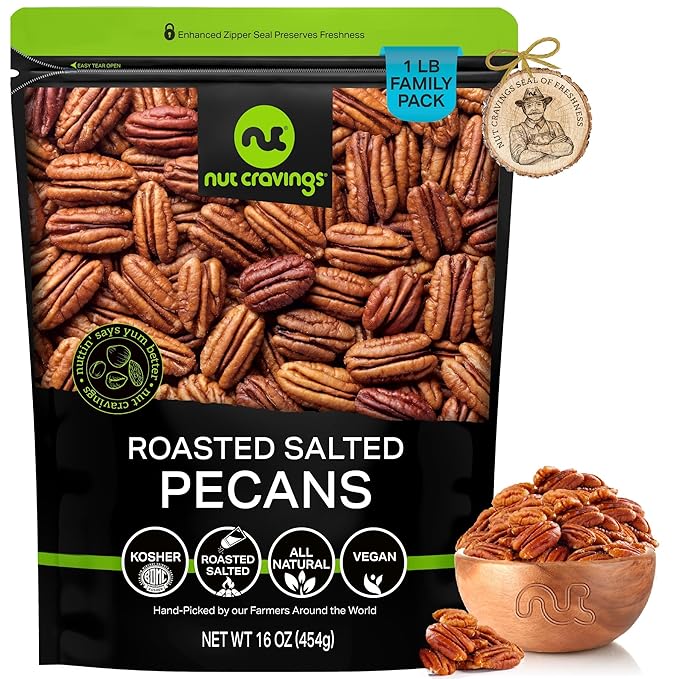 NUT CRAVINGS - Pecans Halves, Roasted & Salted, No Shell (16oz - 1 LB) Bulk Nuts Packed Fresh in Resealable Bag - Healthy Protein Food Snack, Food Assortments