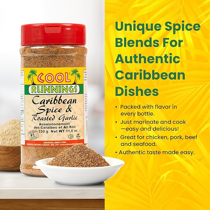 Cool Runnings Caribbean Spice & Roasted Garlic 330g - Used for Grilling, Roasting, and Marinating Meats, Seafood, and Vegetables, Perfect for Rotisserie Chicken