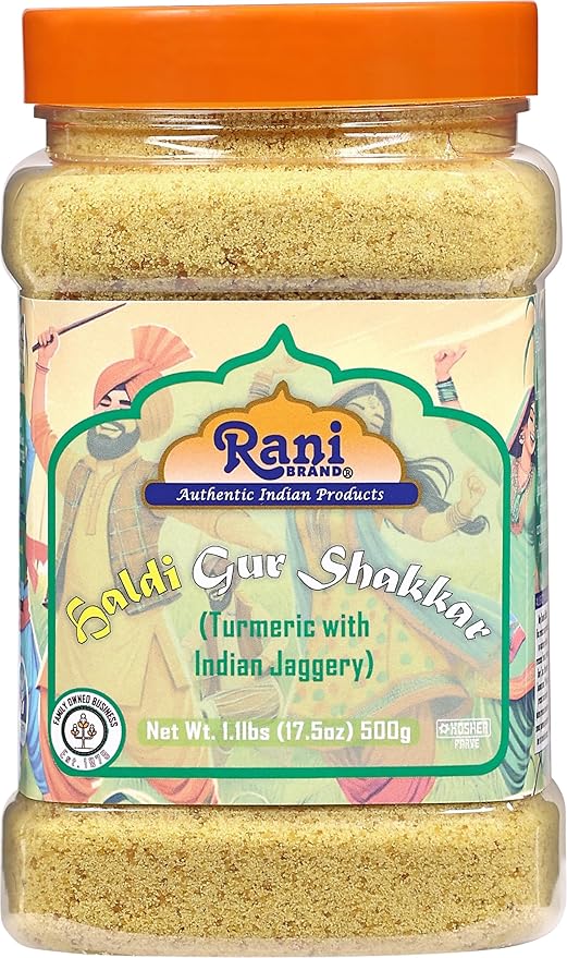 Rani Haldi Gur Shakkar (Turmeric with Indian Jaggery) Indian Unrefined Raw Cane Sugar 17.5oz (1.1lbs) 500g PET Jar ~ Gluten Friendly | Vegan | NON-GMO | Kosher | No Salt or fillers | Indian Product