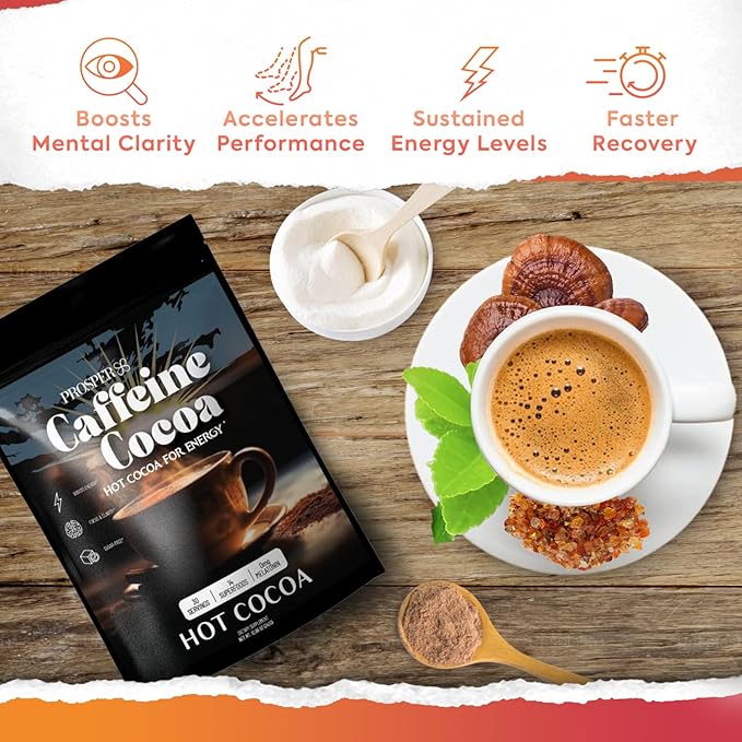 Prosper??Caffeine Cocoa ??Sugar-Free Superfood Hot Chocolate & Coffee Alternative | Vegan, Dairy-Free | Reishi Mushroom & L-Theanine for Focus & Jitter-Free Energy | High-Flavanol Cacao | 30 Servings