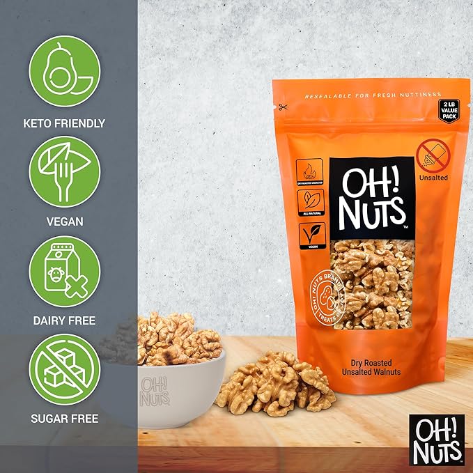 Oh! Nuts Walnuts - Dry Roasted Unsalted - 2 lb - Packed in New York Zip-Seal Bag for Exceptional Freshness
