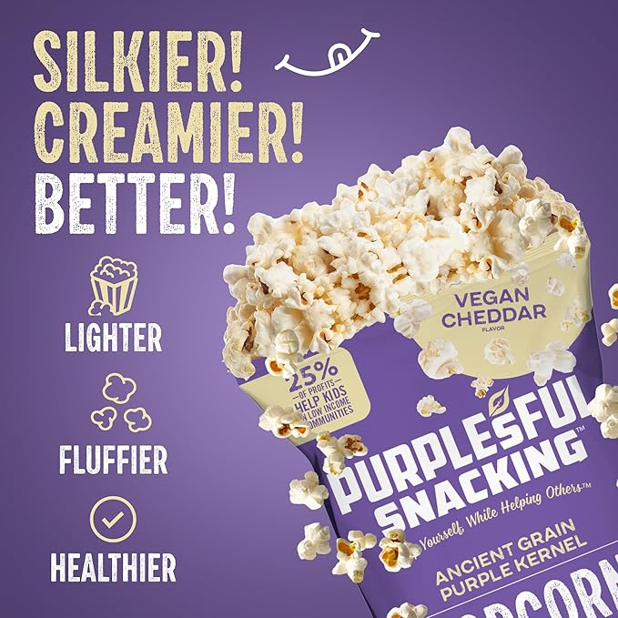 Purplesful Purple Corn Popcorn, Silkier, Creamier & Healthy Popcorn, Vegan-Friendly, Non-GMO, Flavorful Popped Corn Gourmet Snack, Vegan Cheddar, Big Bulk Pack - 4.8 Oz Per Pack (Pack of 3)