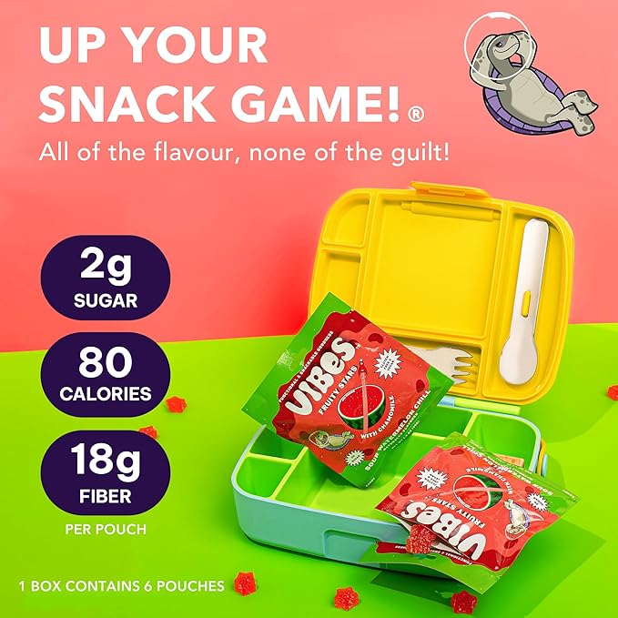 VIBES Sour Watermelon Chill Fruity Stars - Delicious Low Calorie Gluten-Free Bulk Fruit Snacks - High Fiber Healthy Fruit Snacks for Kids, Teens, & Adults -2g Sugar - 6 Packs of 18 Fruit Gummies