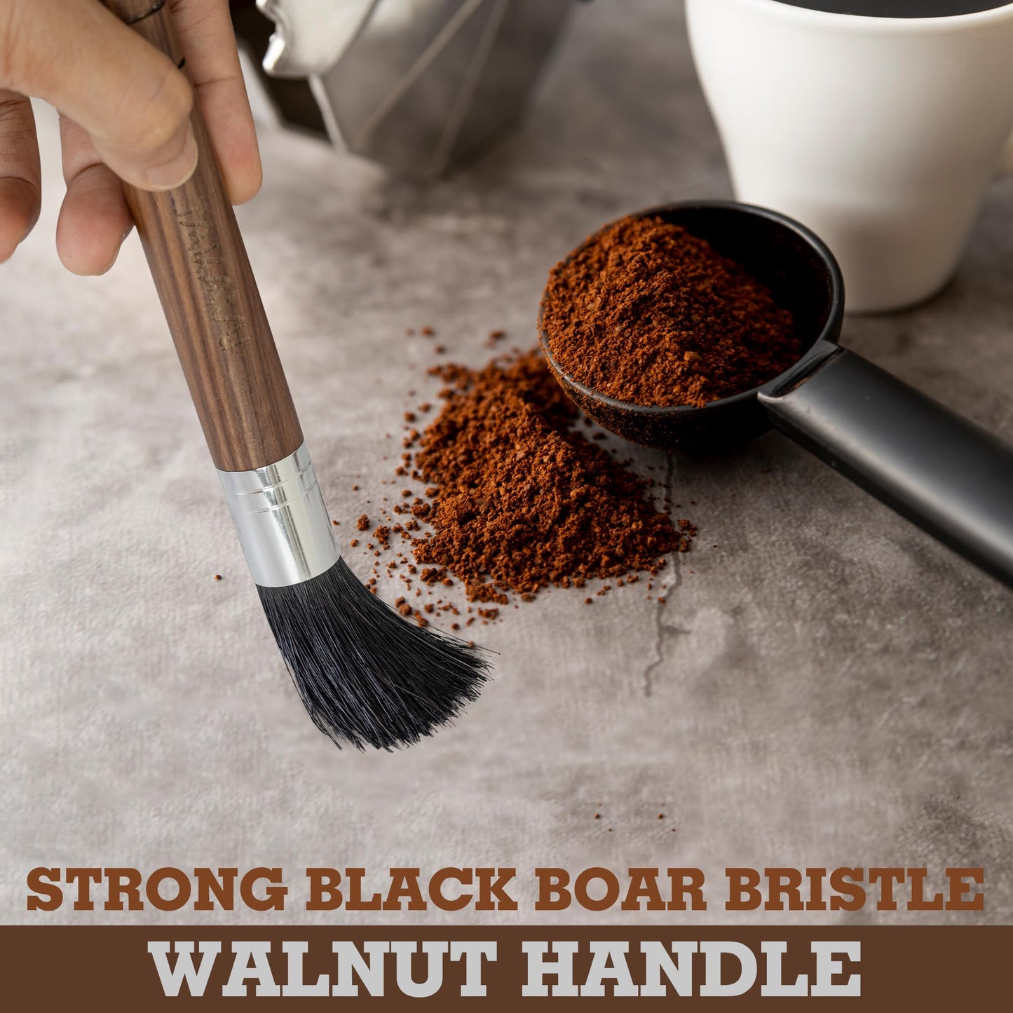 TAKAVU Coffee Grinder Brush, Natural Boar Bristle, Espresso Barista Cleaner