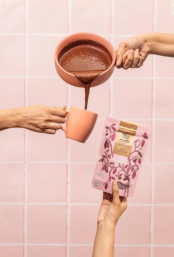 Elements Truffles Rose Essential Oil Hot Chocolate - Heavy Metal Tested- All-Natural, Handmade Hot Chocolate Mix - Uses Ecuadorian, Fair Trade, Organic Cacao Powder - Vegan Hot Cocoa Mix - 8 Oz