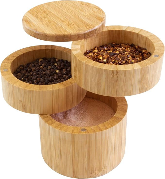 Totally Bamboo Triple Salt Cellar, 3 Tier Bamboo Kitchen Salt and Pepper Storage Box with Magnetic Swivel Lids