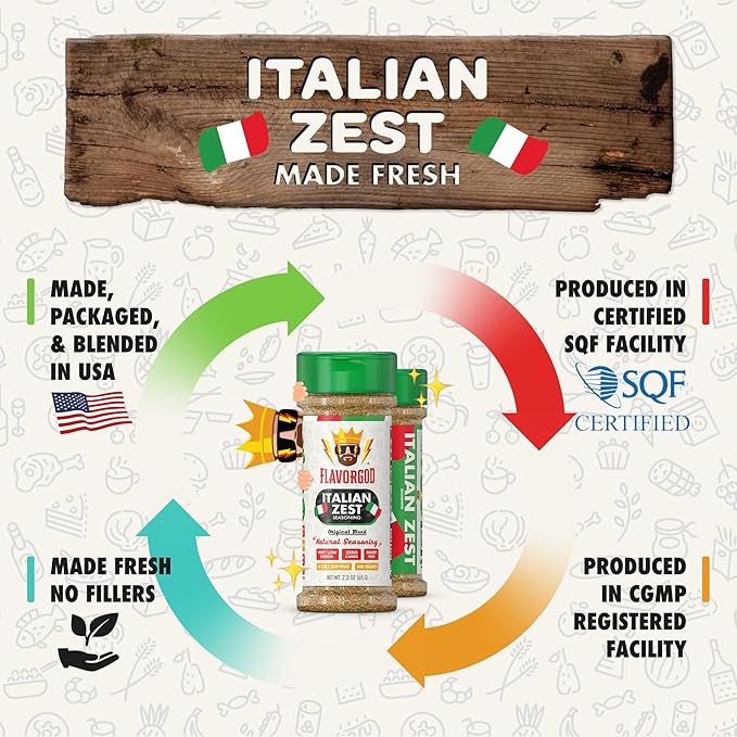Italian Zest Seasoning Mix, 2 Bottles by Flavor God - Premium All Natural & Healthy Spice Blend for Salad, Pasta, &Chicken - Kosher, Low Sodium, & Dairy-Free - Great Flavor Spices and Seasoning Gift