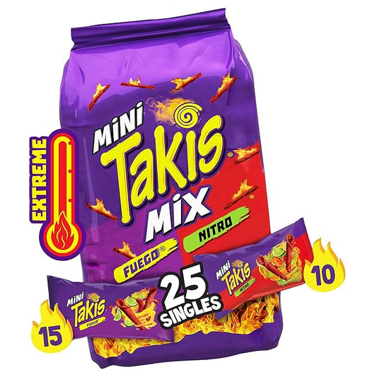 Takis Mini 25PK Bite Size Variety Pack, Assorted Flavored Mixed Rolled Tortilla Chips ??(15) Fuego Mini (10) Nitro Mini