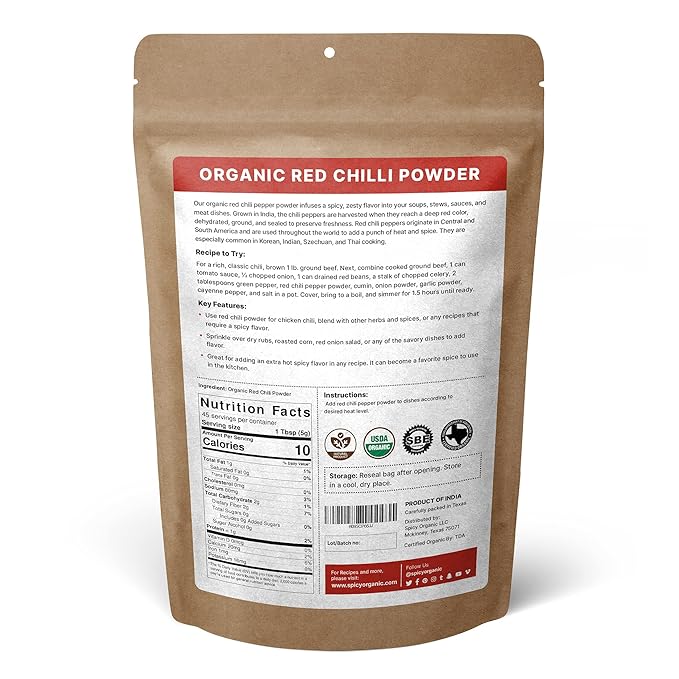 SPICY ORGANIC Red Chili Powder - USDA Certified Organic, Non-GMO - Perfect for adding a smoky, spicy flavor to soups, stews, chili, and more. No Added Preservatives and Color - 45 Servings Per Container, 8Oz (227 grams)