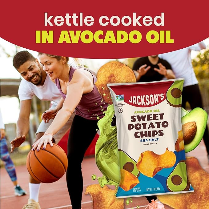 Jackson???Sweet Potato Kettle Chips with Sea Salt made with Premium Avocado Oil (7 Ounce, Pack of 6) - Allergen-friendly, Gluten Free, Peanut Free, Vegan, Paleo Friendly - Shark Tank Product