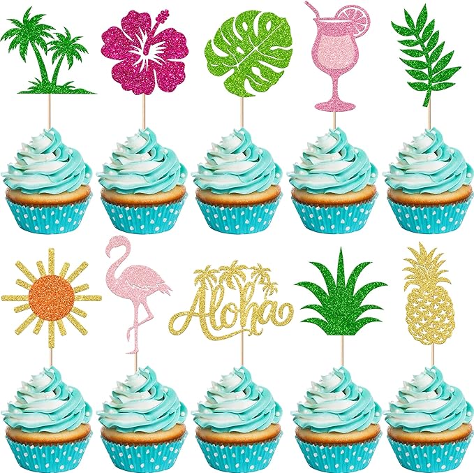 Rsstarxi 30 Pack Tropical Cupcake Toppers Sun Glitter Flamingo Hawaiian Luau Aloha Cupcake Picks for Summer Tropical Baby Shower Wedding Birthday Party Cake Decorations Supplies