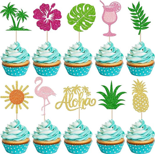 Rsstarxi 30 Pack Tropical Cupcake Toppers Sun Glitter Flamingo Hawaiian Luau Aloha Cupcake Picks for Summer Tropical Baby Shower Wedding Birthday Party Cake Decorations Supplies