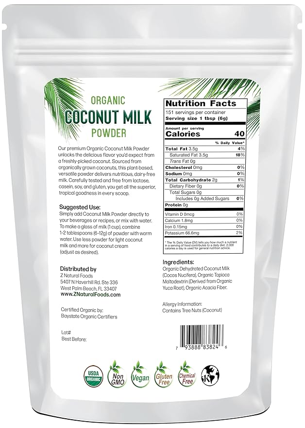 Z Natural Foods Organic Coconut Milk Powder - All-Natural Vegan Dairy-Free Alternative with MCTs - Unsweetened Coconut Creamer for Coffee & Smoothies - Gluten-Free, Non-GMO, 2 lbs