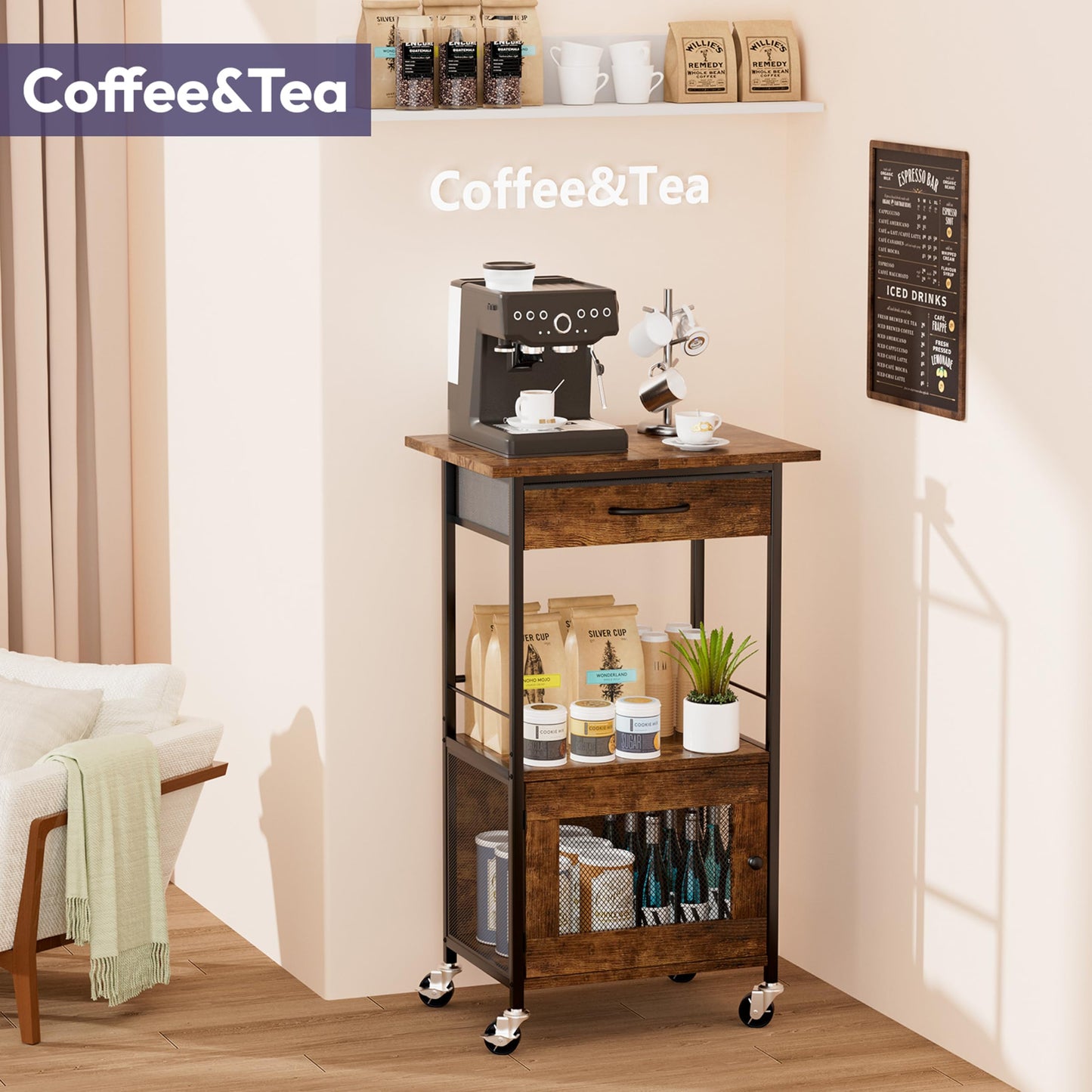SWTYMIKI Buffets Coffee Bar Cabinet - Rolling Kitchen Rack, Farmhouse Small Coffee Stand with
