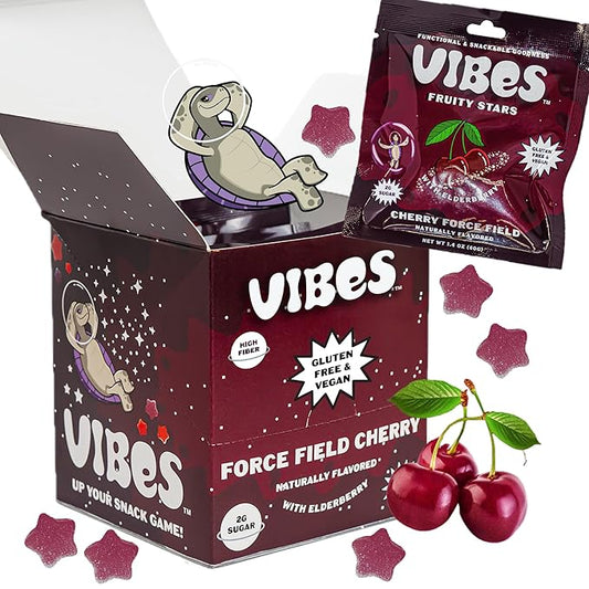 VIBES Cherry Force Field Fruity Stars - Delicious Low Calorie Gluten-Free Bulk Fruit Snacks - High Fiber Healthy Fruit Snacks for Kids, Teens, & Adults -2g Sugar - 6 Packs of 18 Fruit Gummies