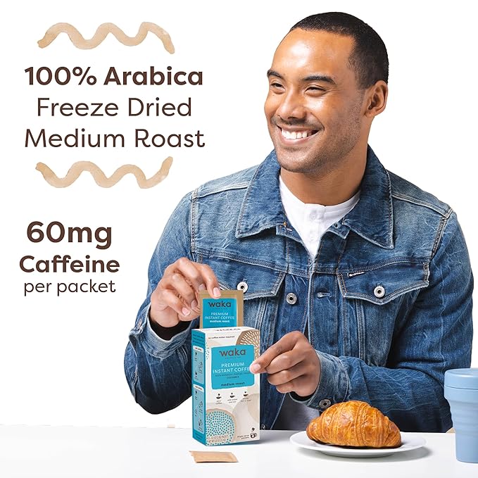 Waka Premium Instant Coffee Sachets — 100% Arabica Freeze Dried Beans — For Hot or Iced Coffee (8 Count, Medium Roast)