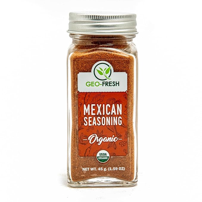 Geo-Fresh Organic Mexican Seasoning, 1.59 oz (45g), Taco Seasoning, Non-GMO, Kosher, 100% Organic Herbs, Chilli Powder, Onion Powder, Black Pepper, Cumin, Oregano, Garlic, Sugar, and Salt, USDA Certified