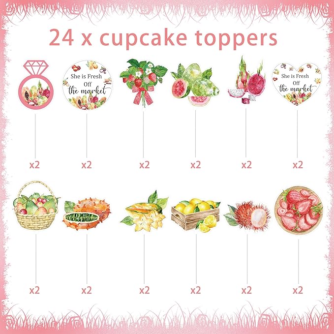 24Pcs Farmer Market Bridal Shower Cupcake Toppers, She is Fresh Off The Market Cupcake Decorations, Fruit Bridal Shower Party Supplies, Bachelorette Decor