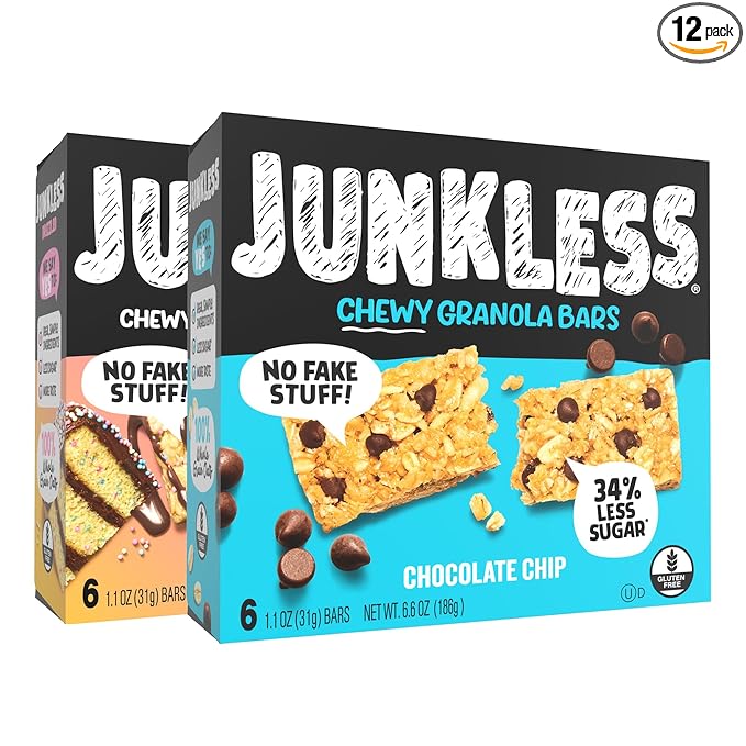 JUNKLESS Chewy Granola Bars Twin Pack ??Chocolate Chip & Drizzled Birthday Cake (12 Bars)?밚ess Sugar, Non-GMO, Gluten-Free, Wholesome Snack Bars for Kids & Adults, 2 Boxes