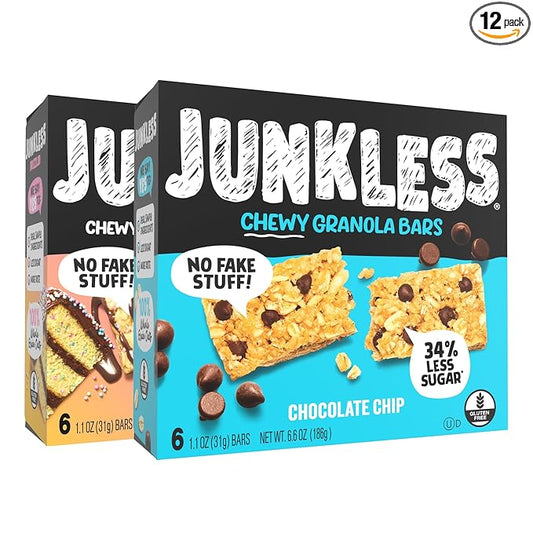 JUNKLESS Chewy Granola Bars Twin Pack ??Chocolate Chip & Drizzled Birthday Cake (12 Bars)?밚ess Sugar, Non-GMO, Gluten-Free, Wholesome Snack Bars for Kids & Adults, 2 Boxes