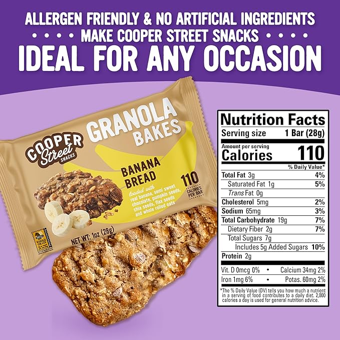 Cooper Street Banana Bread Granola Bakes (48 Count) ??Individually Wrapped Soft and Chewy Granola Bars Bulk ??Dairy, Soy, Peanut and Tree Nut Free - Perfect As Healthy Bulk Office or Classroom Snacks