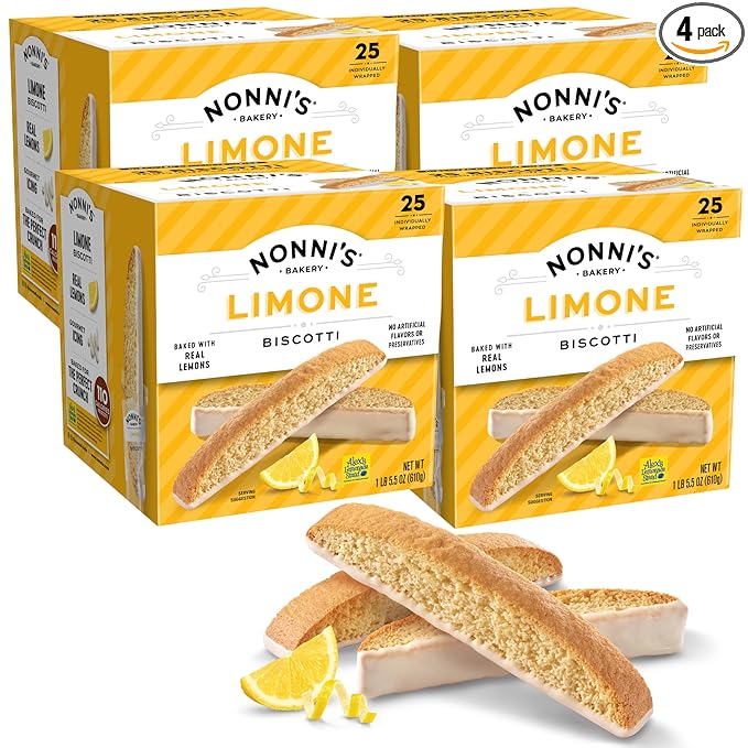 Nonni's Limone Lemon-Iced Biscotti Cookies ??Individually Wrapped Italian Tea-Time Snack, Crunchy Twice-Baked, 110 Cal Each, 21.5 oz Carton, 4 Pack