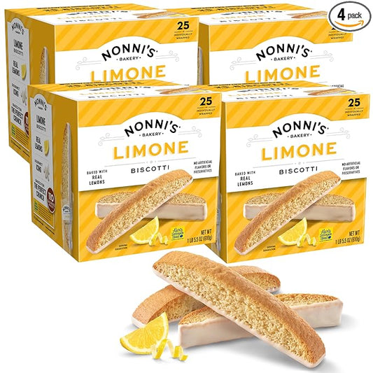 Nonni's Limone Lemon-Iced Biscotti Cookies ??Individually Wrapped Italian Tea-Time Snack, Crunchy Twice-Baked, 110 Cal Each, 21.5 oz Carton, 4 Pack