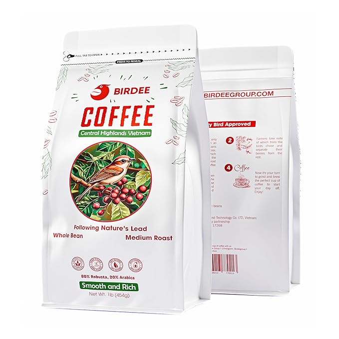 Birdee Vietnamese Coffee ??1 LB, Medium Roast Whole Bean, Arabica and Robusta, Hand-Picked, Resealable Bag, Smooth Flavor, Low Acid, High Caffeine, Single-Origin