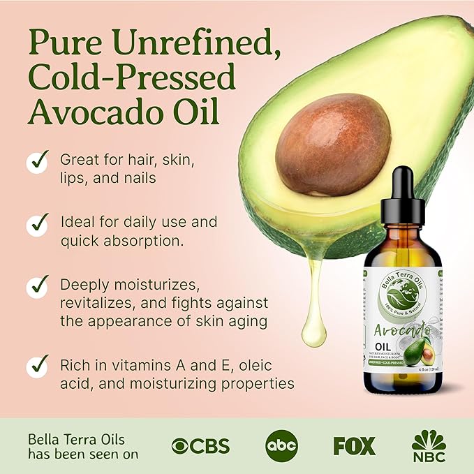 Bella Terra Oils - Avocado Oil 4oz - Pure Essence of Cold-Pressed Avocado, Boosted with Vitamin A, Impeccable for Mixing and Blending