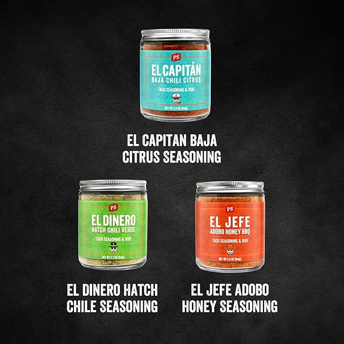 PS Seasoning Taco Box ??El Jefe, El Dinero, El Capitan - Complete Taco Tuesday Seasoning Kit & BBQ Dry Rub Variety Pack - Unique Mexican Seasoning Spice Blends for Tortillas, Fajitas, Burritos & more