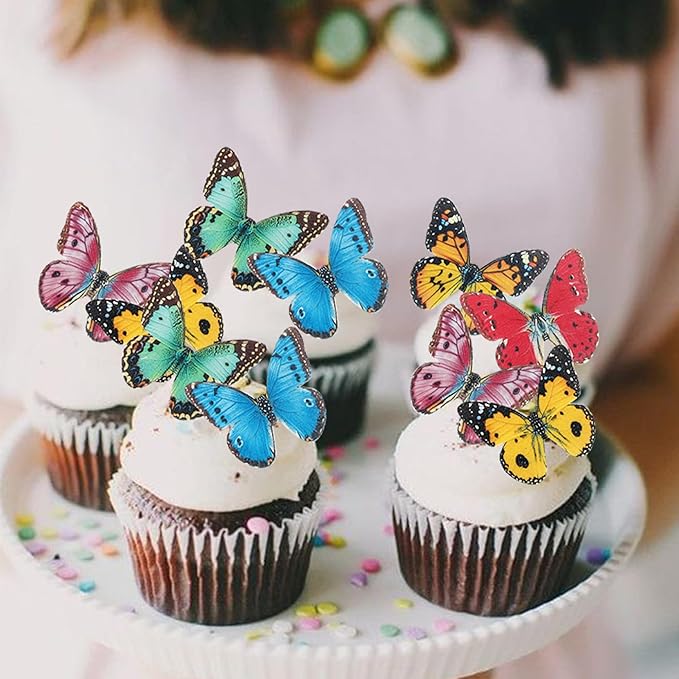 40 Pack Edible Butterfly Cake Decorations, Colorful Cupcake Toppers for Birthday & Wedding Parties