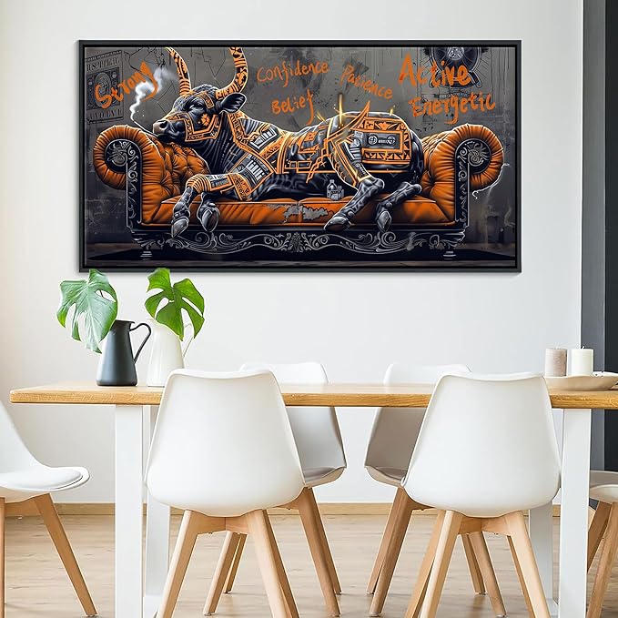 JEAWA Framed Canvas Wall Art - Large Creative Wall Art for Bedroom Living Room Bathroom, Modern Artwork Decor for Home Decoration, Strong Bull Color Graffiti, 29x58 IN