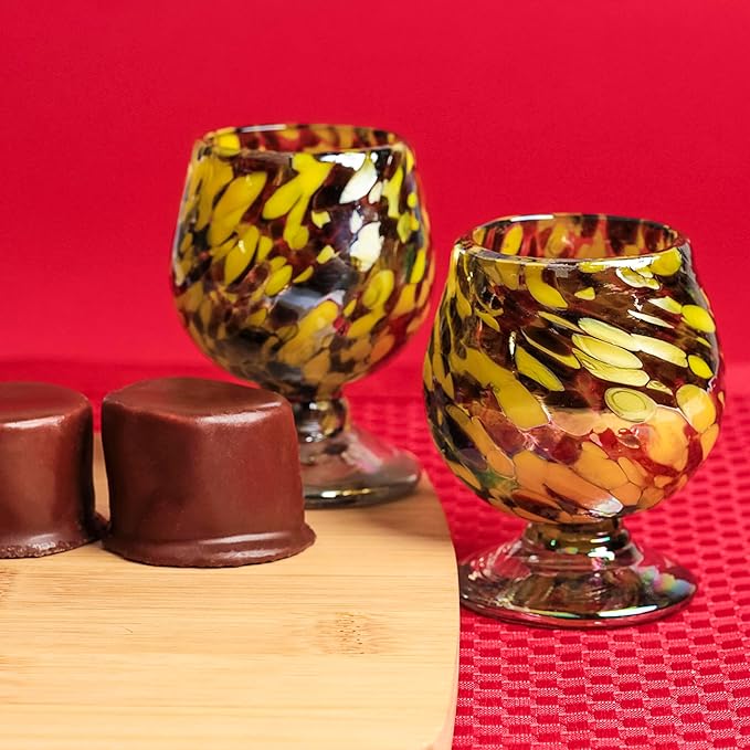 Authentic Mexican Tequila Hand Blown Shot Glasses - Set of 4-2 oz Mini Glass Snifters - Heavy Base - Cognac (Golden Hour Sips) Amber Hue Tasting Glasses for Sipping Añejo, Scotch & Cognac