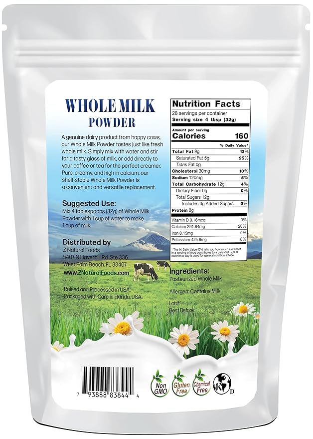 Z Natural Foods Premium Whole Milk Powder - Powdered Milk for Baking, Cooking, Drinks - Dry Milk Powder, Pasteurized, Non-GMO, Gluten-Free, Kosher-Certified, 2 lbs