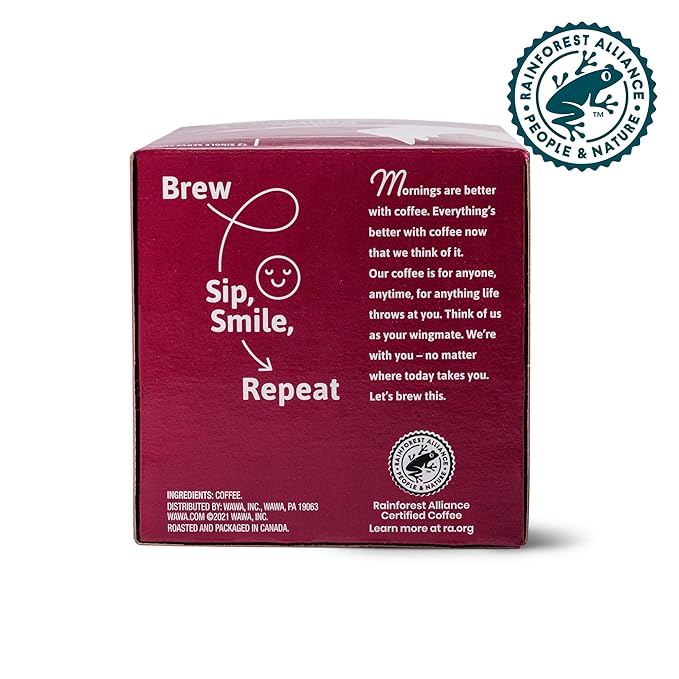 Wawa Colombian Medium Roast Single Cup Coffee Pods, 12 Pods, 1 Box, Medium Bodied Blend, Chocolate & Fruit Notes, Single Serve, 100% More Responsibly Sourced from Rainforest Alliance Certified Farms