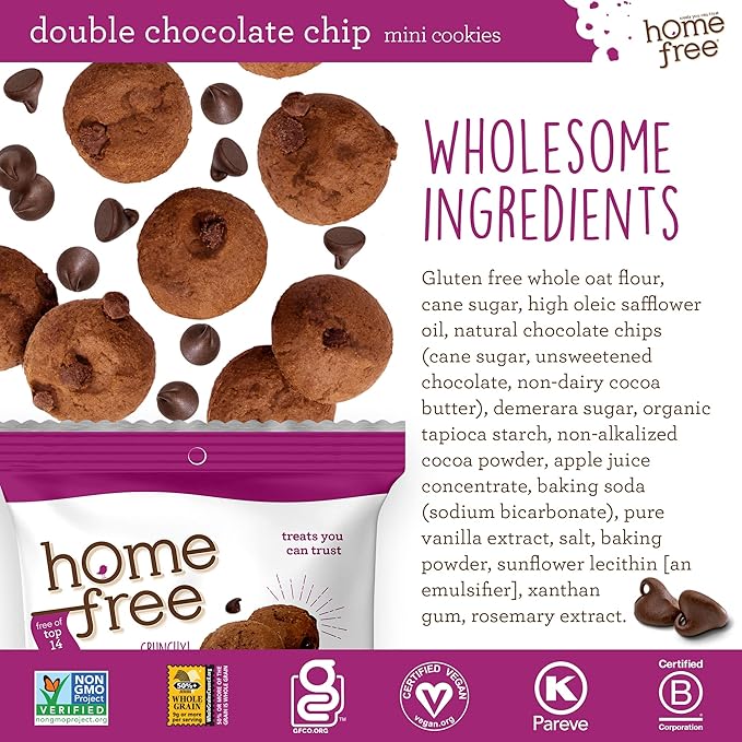 Homefree Treats You Can Trust Gluten Free Mini Cookies, Single Serve, Double Chocolate Chip, 0.95 Ounce (Pack of 64)