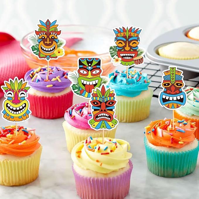 24Pcs Hawaiian Tiki Cupcake Toppers Tropical Totem Hawaiian Themed Party Decorations for Tropical Hawaii Aloha Party Supplies