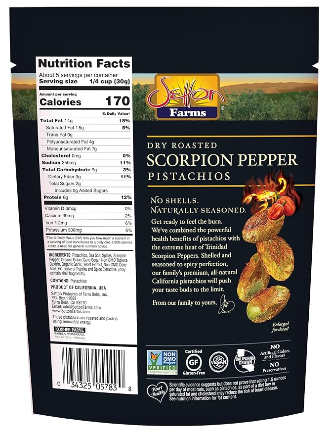 Setton Farms Pistachios, Scorpion Pepper Extreme Flavor, Naturally Seasoned, Dry Roasted No Shell, Non-GMO Project Verified, Gluten Free, Vegan, Kosher, 5 Oz (Pack of 2)