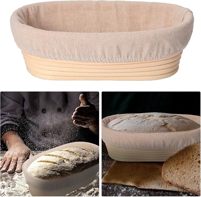Gejoy 12 Set Bread Proofing Baskets Oval Shaped Banneton Dough Proofing Bowls Kit with Cloth Liner and Plastic Scraper Sourdough Proofing Basket for Home Sourdough Bakers Supplies (10 Inch)