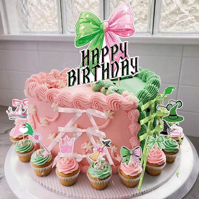 Witch Birthday Cake Decorations Pink Green Cupcake Toppers Pink and Green Birthday Party Supplies Cake Decorations
