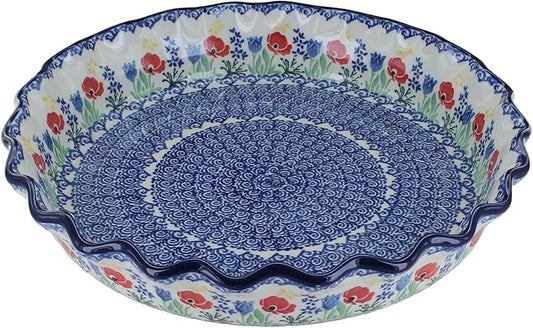 Blue Rose Polish Pottery - Blue Memory Garden Pie Plate - 10" Diameter - Ceramic Baking Dish, For Pies, Quiches & Desserts