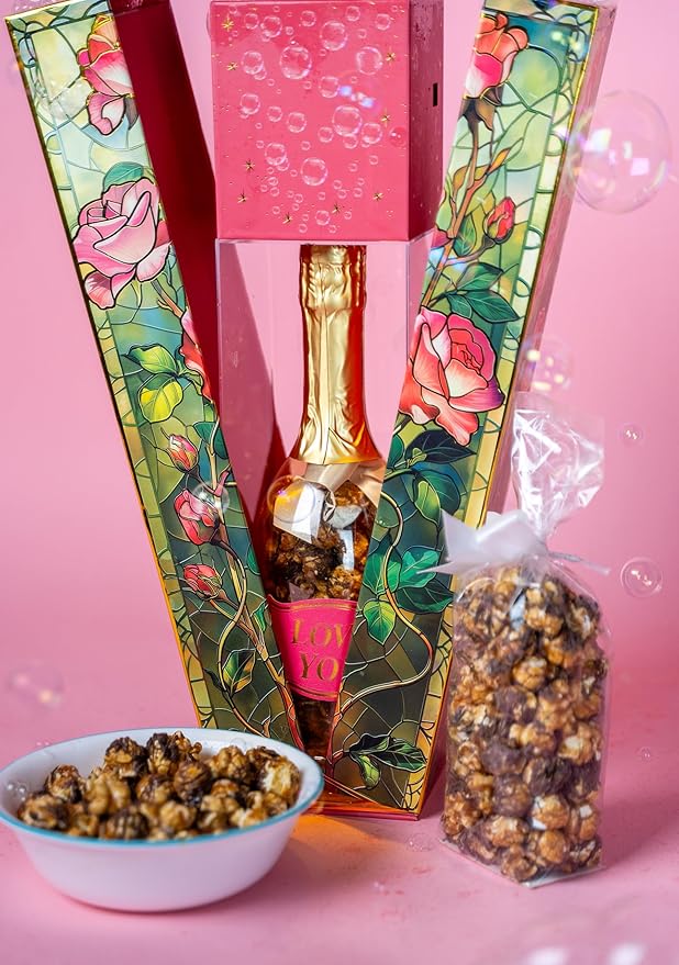 SendaCake Rose Bubble Box with Caramel White Chocolate Popcorn, Ready to Gift, No Assembly Required - Happy Birthday Surprise - Unique Birthday Gift for Women, Men, Sister, Mom, Dad, Best Friend
