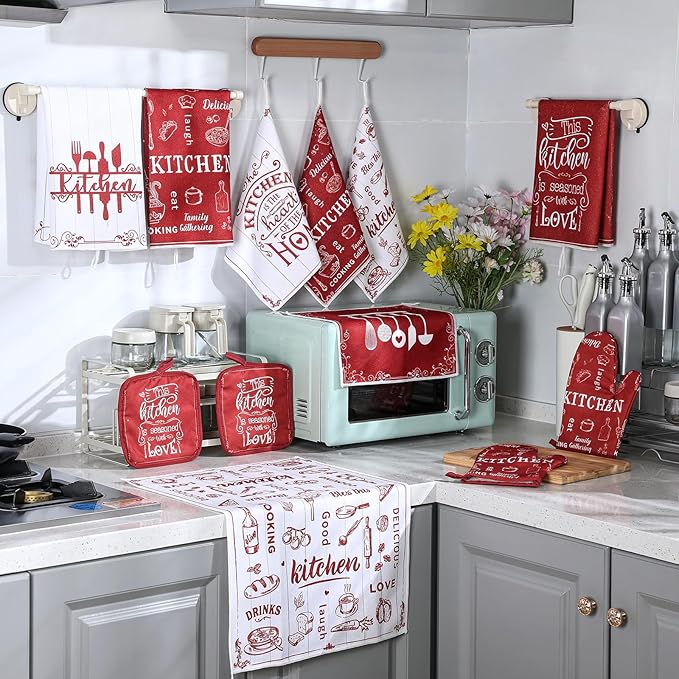 Bencailor 12 Pcs Farmhouse Kitchen Decor Sets, 8 Red Kitchen Dish Towels 2 Pot Holders 2 Oven Mitts Glove, Rustic Hand Towels and Dishcloths Sets for Home Decorations Accessories Christmas Mom Gifts