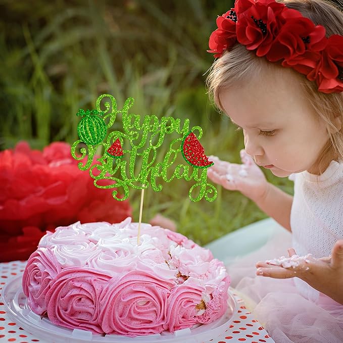 1 Pack Happy Birthday Cake Topper Glitter Watermelon Cupcake Pick Baby Shower Watermelon Fruit Kids Birthday Party Cupcake Decoration Supplies