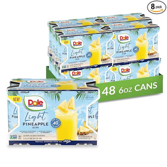 Dole Light Pineapple Juice Drink, No Added Sugar, 40 Calories Per Can, Excellent Source of Vitamin C, 100% Fruit Juice, 6 Fl Oz (Pack of 48)