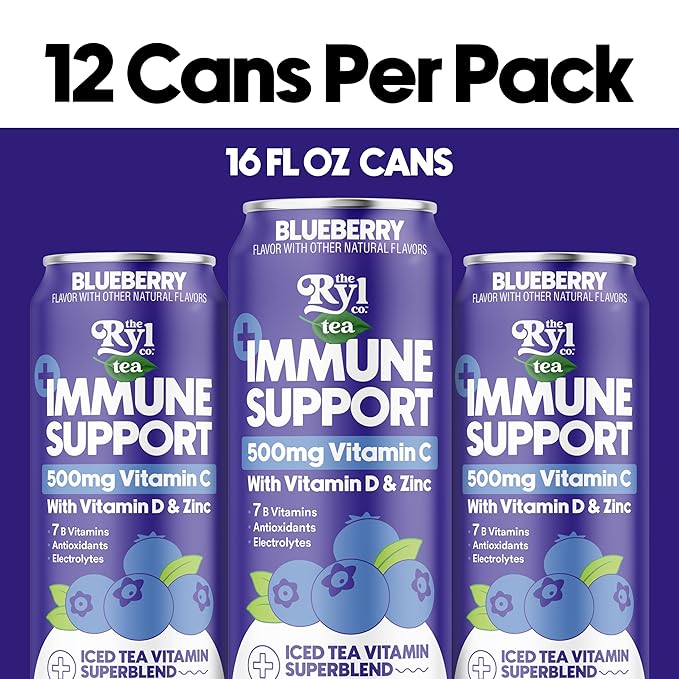 Ryl Immune Support Tea, Blueberry, 500mg Vitamin with Vitamin D & Zinc, 16.0 Fl Oz (12-Pack)