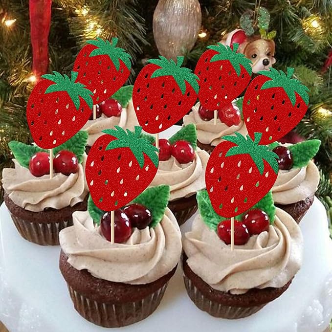 24 Pack Strawberry Cupcake Toppers Glitter Birthday Strawberry Cupcake Picks for Fruit Baby Shower Kids Birthday Summer Berry Cupcake Decorations Party Supplies Red